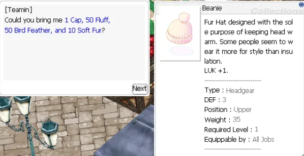 Dialog und Beschreibung der Beanie-Quest