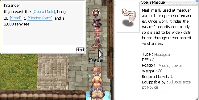 Dialog und Beschreibung der Opera-Mask-Quest