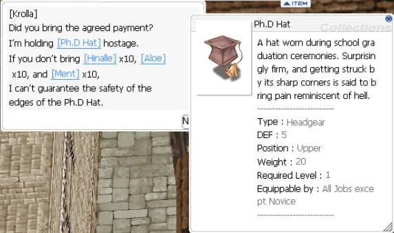 Dialog und Beschreibung der Ph-D-Hat-Quest